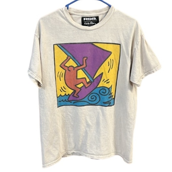 Keith Haring X RSQ Tee Shirt T- shirt size Medium Mineral Wash Tan Retro M - Picture 2 of 8